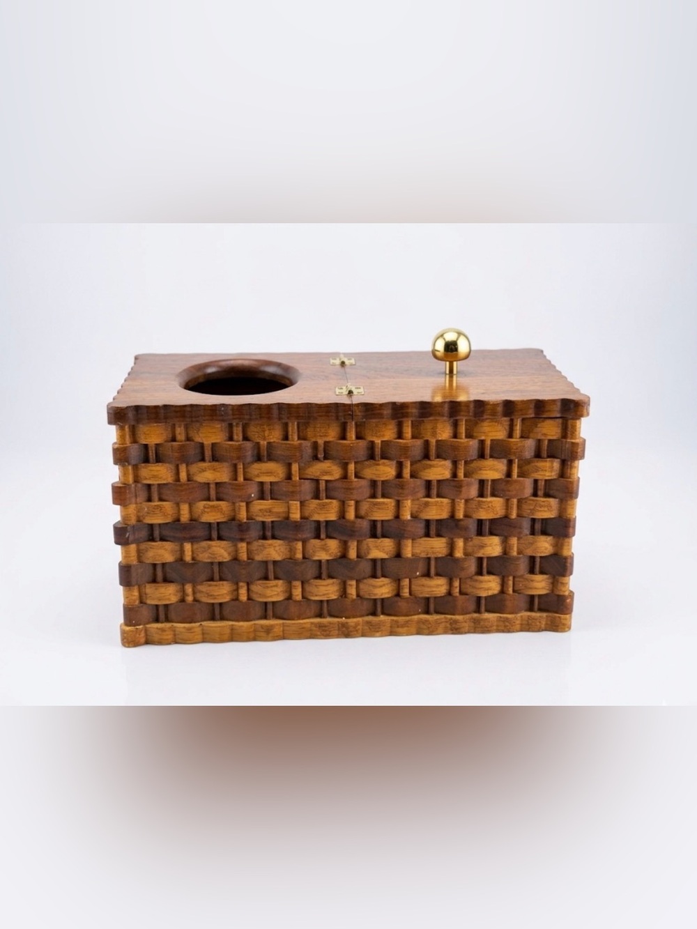 Vintage Interwoven Mixed Wood Tissue Box Holder & Vanity Organizer
Description